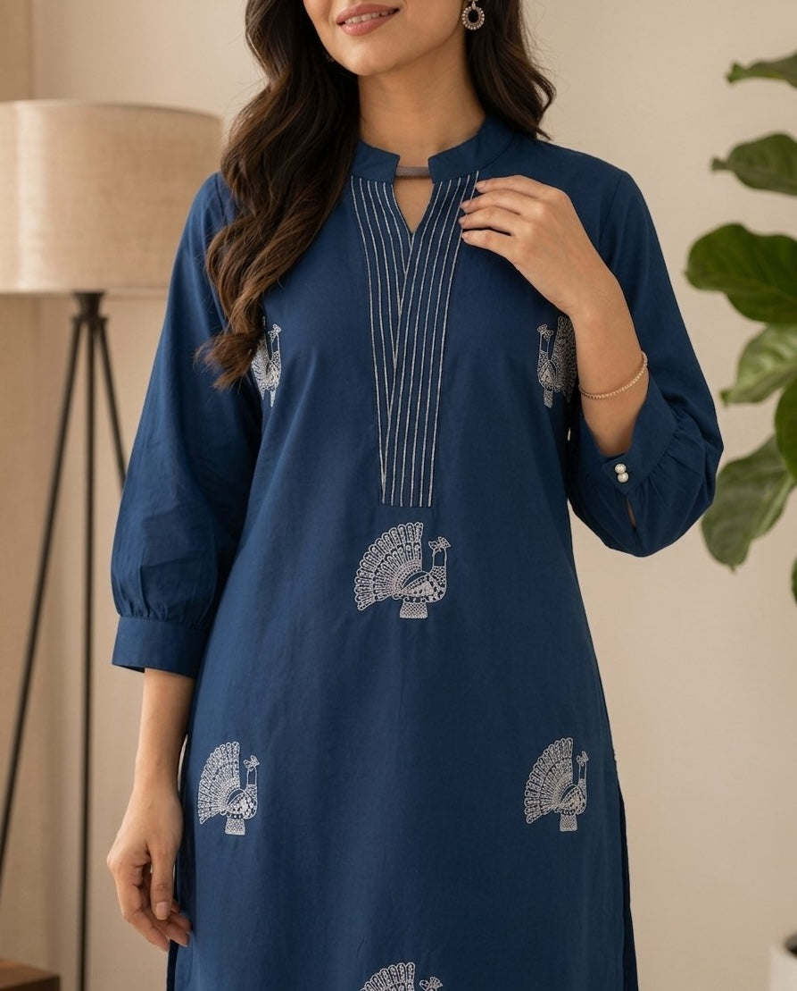 Apolyte Women's Embroidered A-Line Voile Cotton Co-Ord Set with Palazzo - Navy
