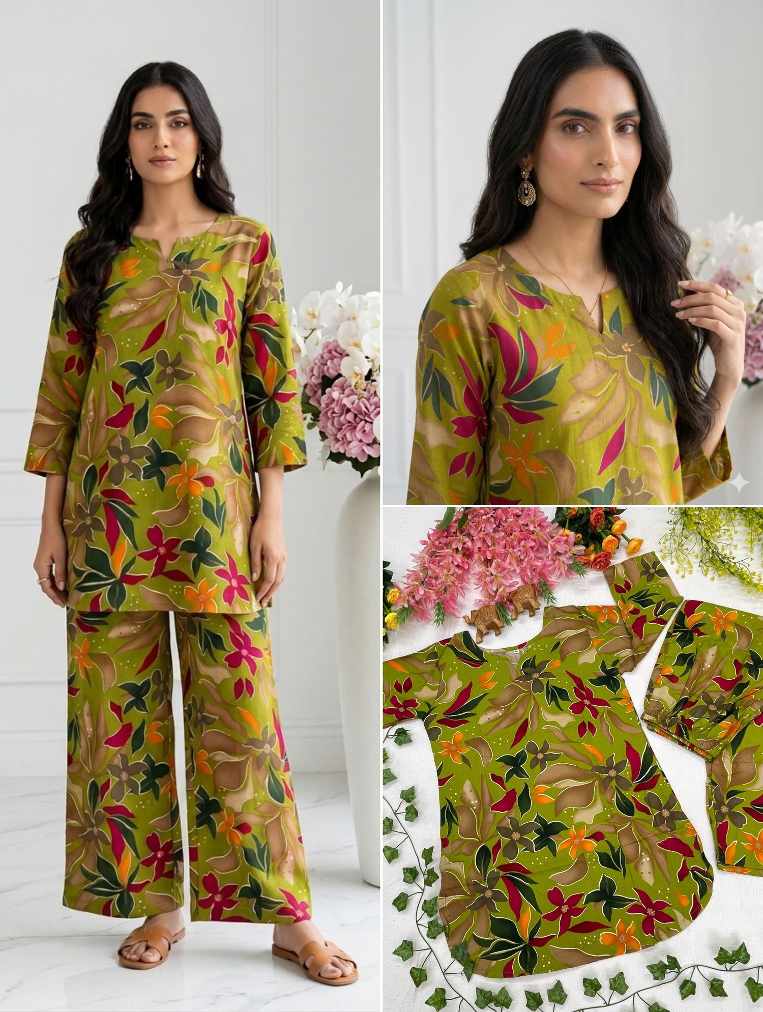 Apolyte Women's Printed Foil Work Rayon Cotton Co-Ord Set with Top & Palazzo - Parrot Green