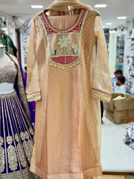 Women’s Dusty Peach Floral Embroidered Pure Silk Kurta Set with Trousers & Dupatta