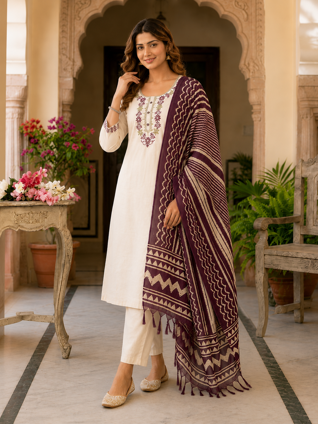 Apolyte Women's Khadi Cotton Embroidered Kurta Pant Set with Bhagalpuri Dupatta | Casual, Office & Festive Wear