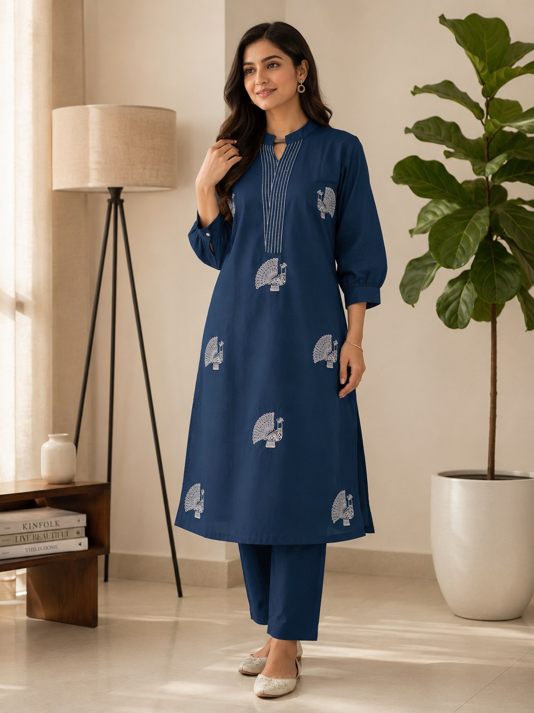 Apolyte Women's Embroidered A-Line Voile Cotton Co-Ord Set with Palazzo - Navy