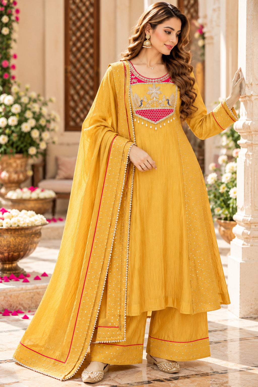 Women’s Mustard Embroidered Silk Kurta Set with Dupatta