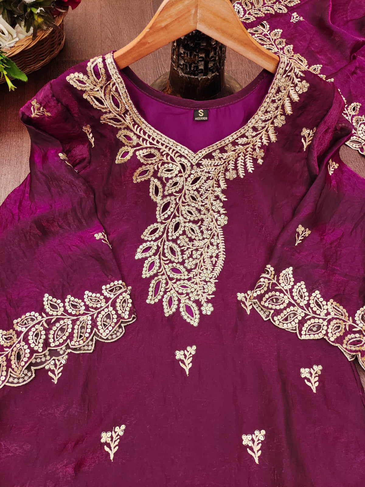 Women's Designer Embroidered Fendy Silk Sharara Suit Set with Dupatta