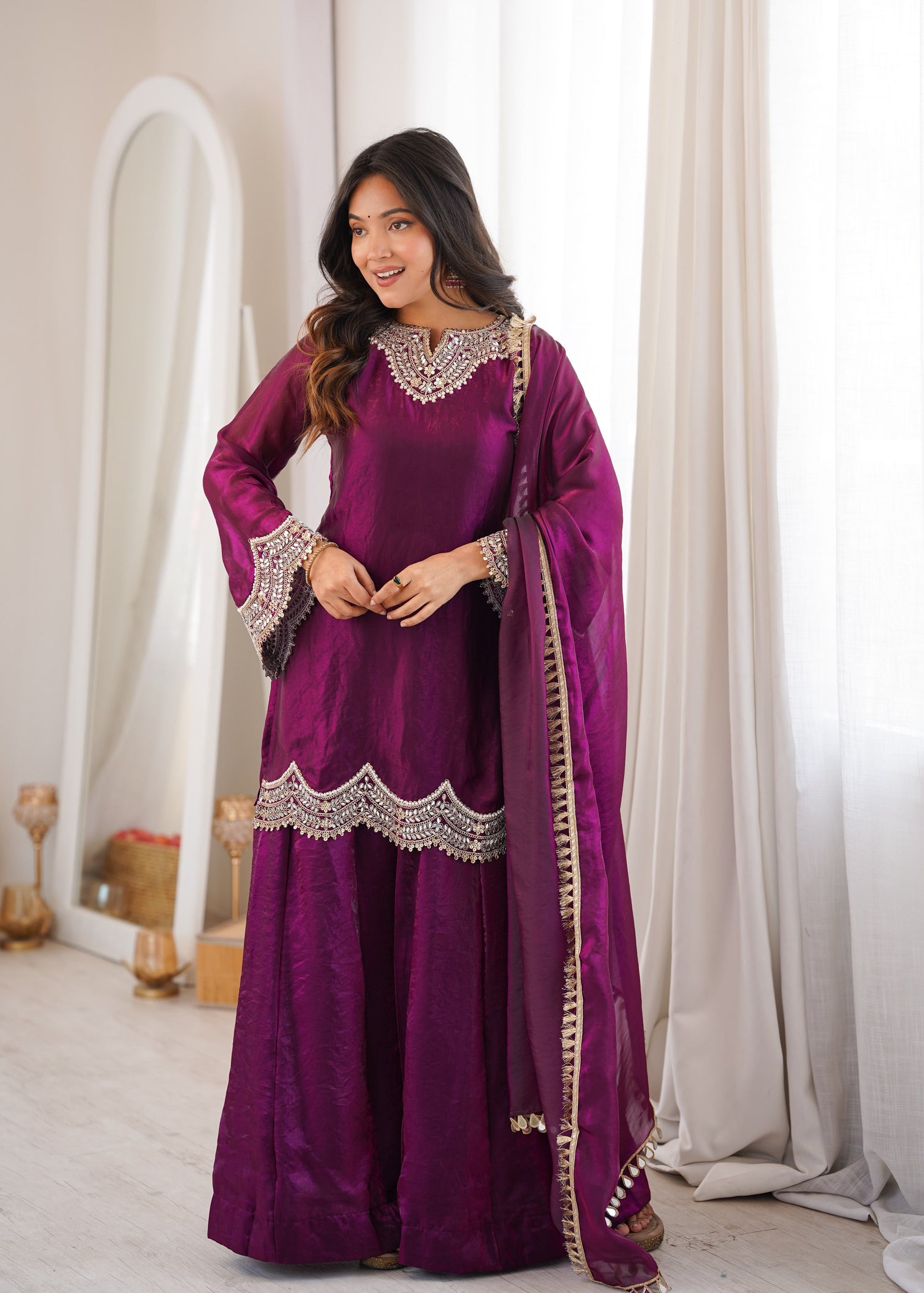 Women's Embroidered Fendy Silk Sharara Palazzo Set with Dupatta