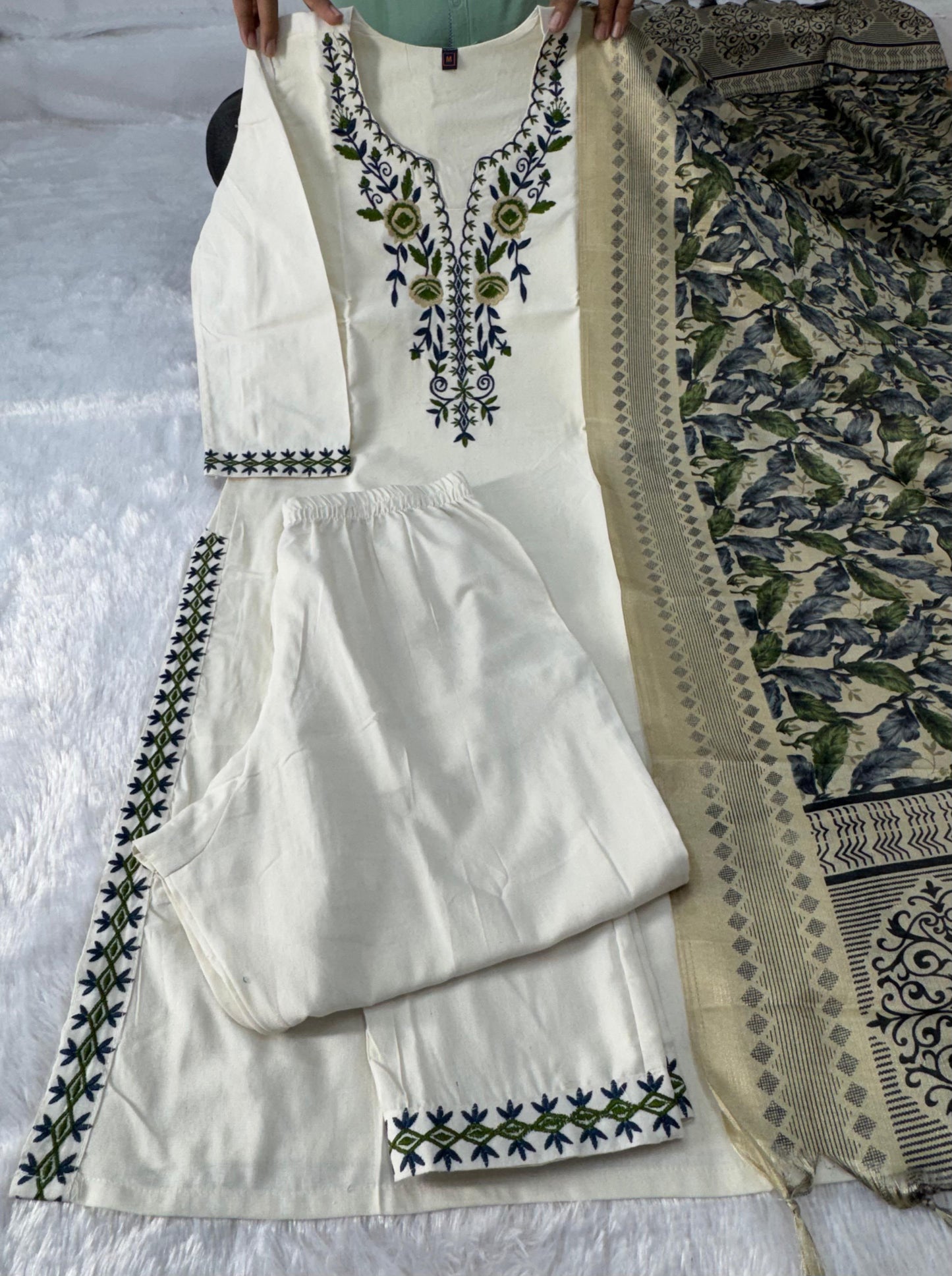 Apolyte Women's Khadi Cotton Embroidered Kurta Pant Set with Bhagalpuri Khadi Print Dupatta | Casual, Office & Festive Wear