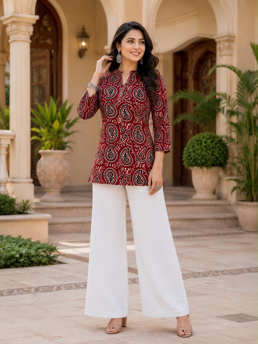 Women's Maroon Rayon Slub Mango Print Co-ord Set with Palazzo