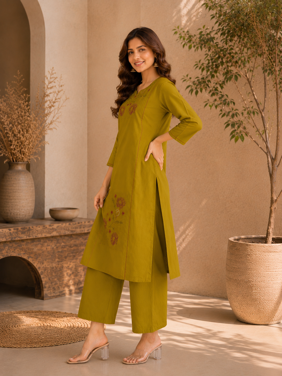 Apolyte Women's Hand Block Dhabu Print Cotton Kurta Set | Palazzo & Dupatta Ethnic Wear