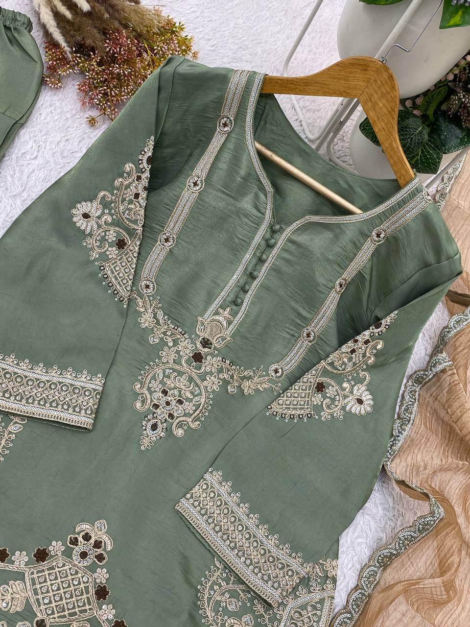 Apolyte Women's Glass Satin Embroidered Kurta Salwar Set with Dupatta | Designer Party & Wedding Wear