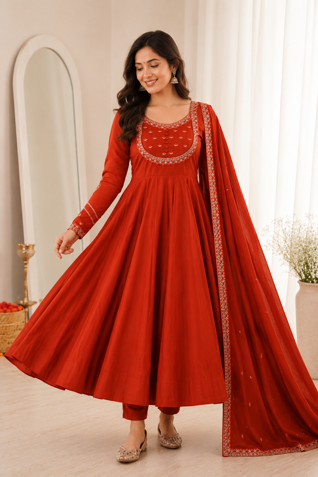 Apolyte Women's Pure Roman Silk Chanderi Anarkali Suit Set with Dupatta & Pant | Wedding, Festive & Party Wear
