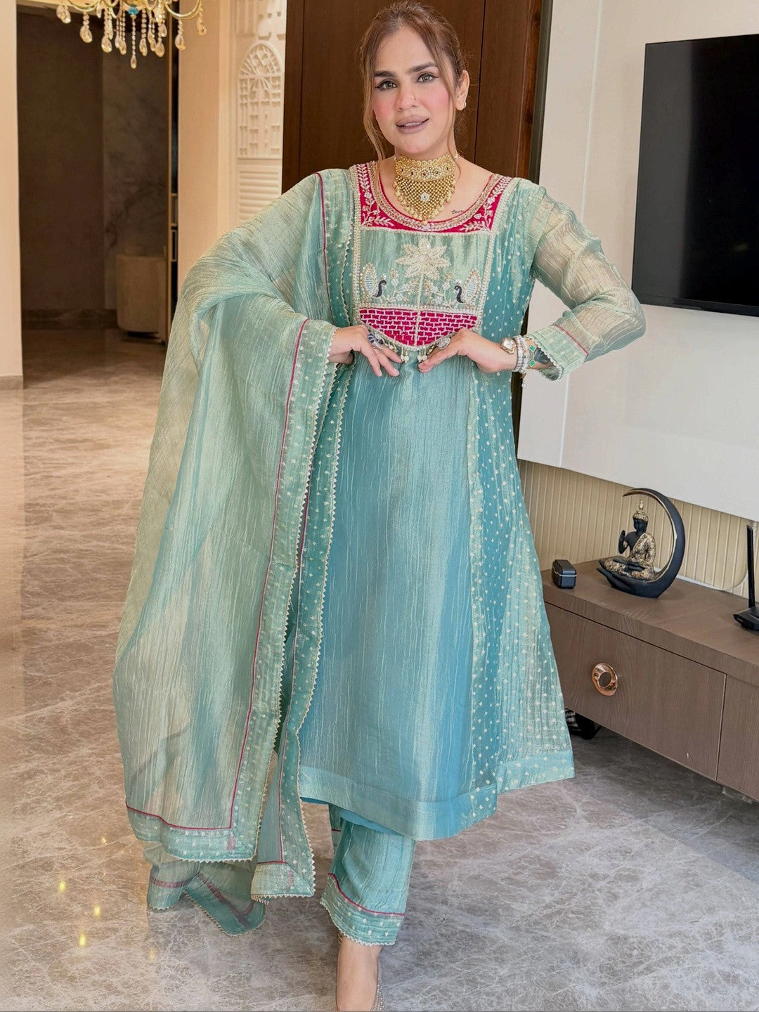 Women’s Floral Embroidered Pure Silk Kurta Set with Trousers & Dupatta