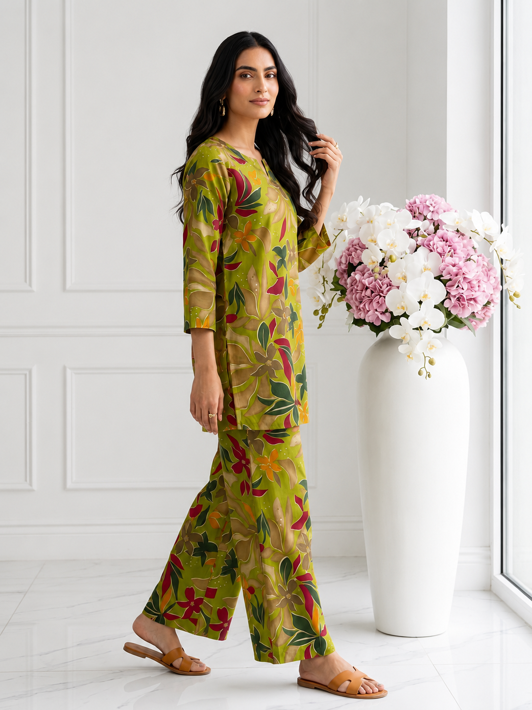 Apolyte Women's Printed Foil Work Rayon Cotton Co-Ord Set with Top & Palazzo - Parrot Green