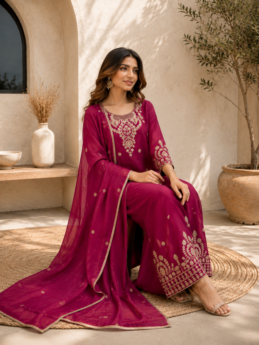 Designer Vichitra Silk Embroidered Palazzo Suit Set with Dupatta – Magenta