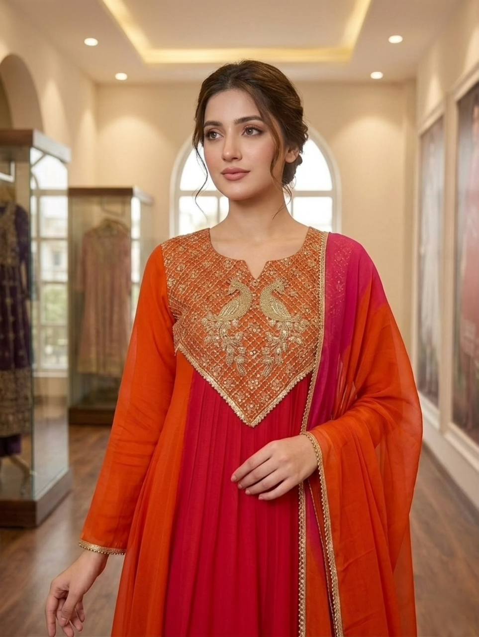 Rani Pink & Orange Embroidered Mul Chanderi Anarkali Kurta Set
