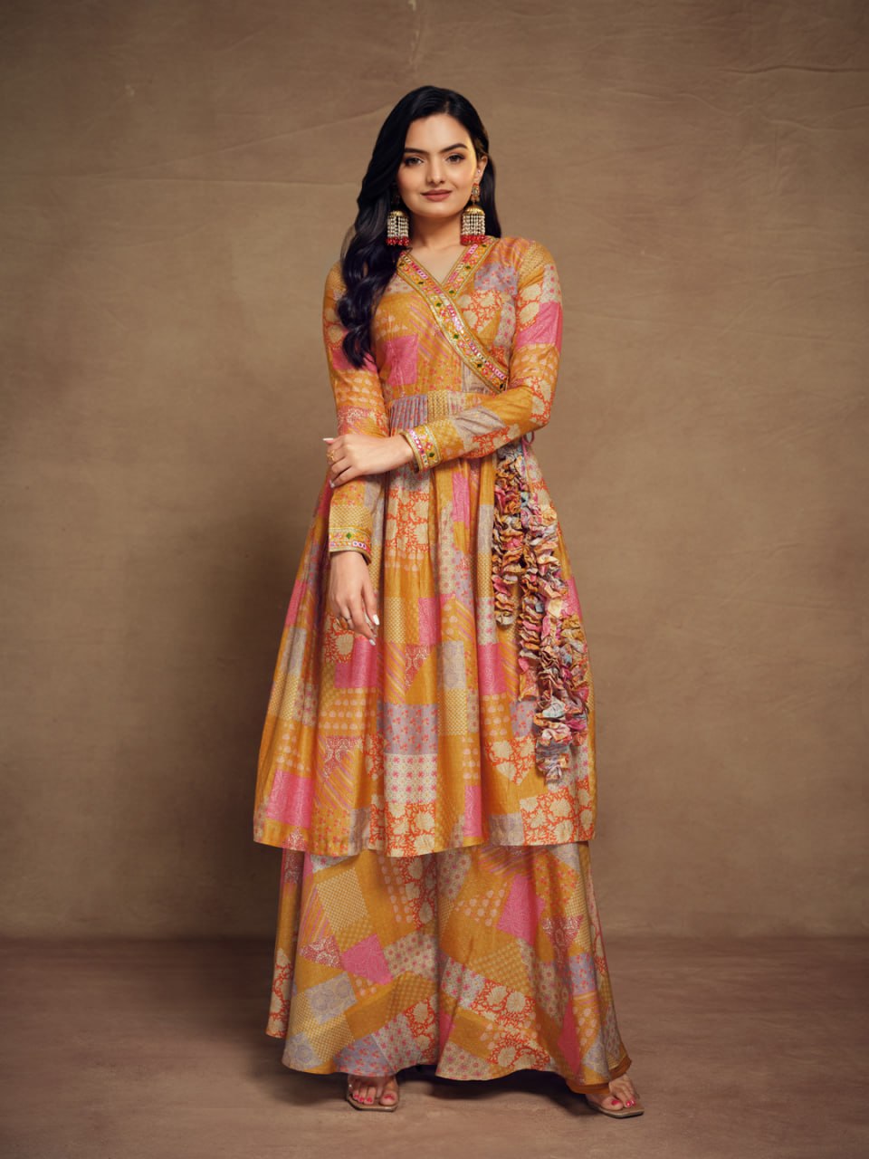 Mustard-Peach Tiered Angrakha Kurta Palazzo Set