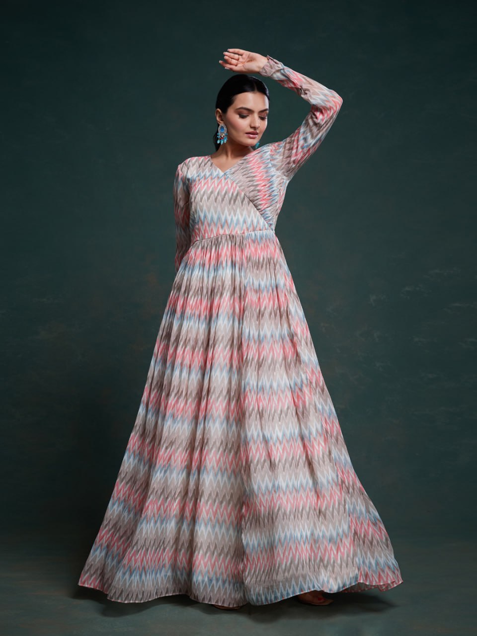 Pastel Chevron Empire Waist Fit and Flare Maxi Dress