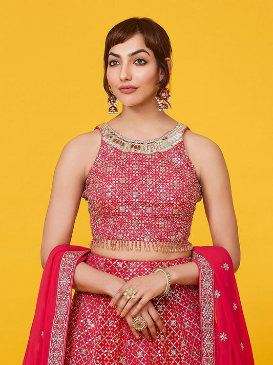 Red Sequined Georgette Lehenga Choli Set with Dupatta