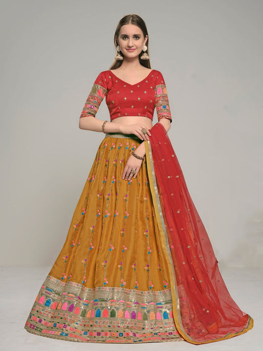 Mustard Embroidered Crepe Lehenga Choli Set with Dupatta