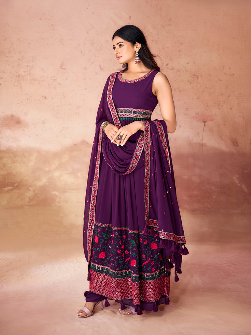 Deep Purple Embroidered Georgette Anarkali Kurta Set with Dupatta