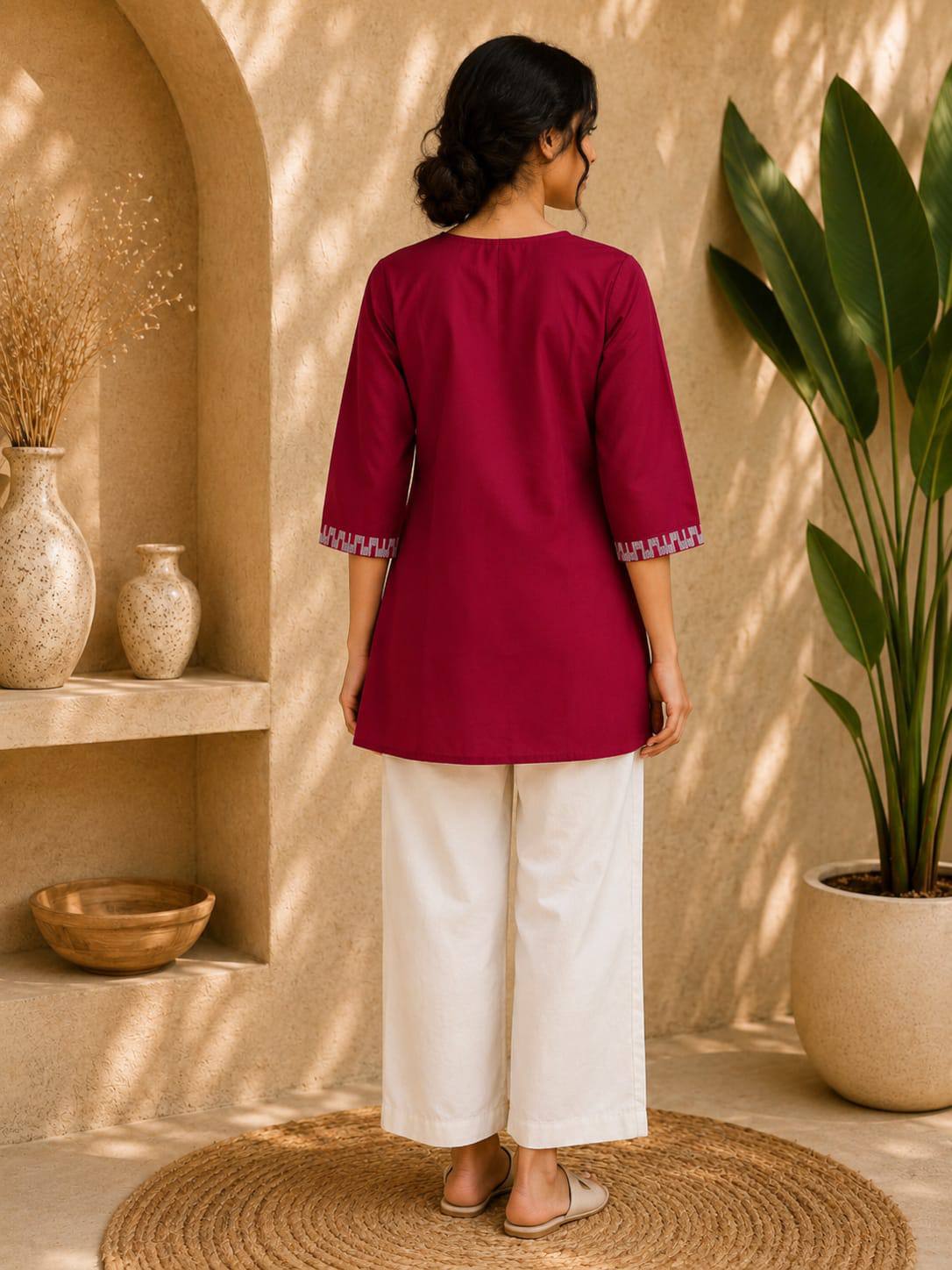 Berry Red Embroidered Dhabu Cotton Kurti Set for Women