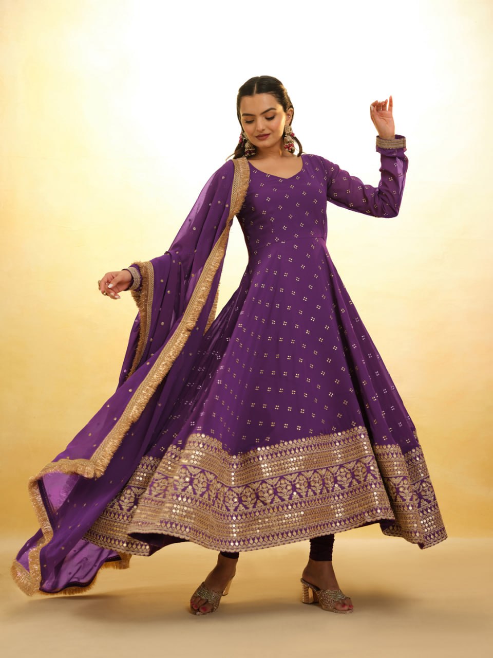 Regal Purple Sequined Georgette Anarkali Kurta Set