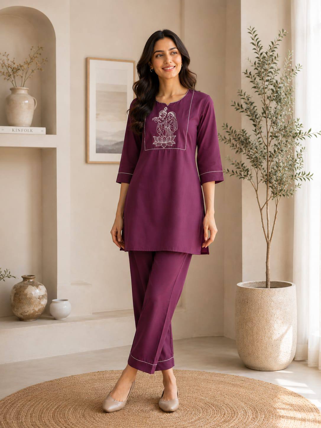 Apolyte Women's Plum Wine Premium Slub Cotton Kurta Palazzo Set | Daily, Office & Casual Wear