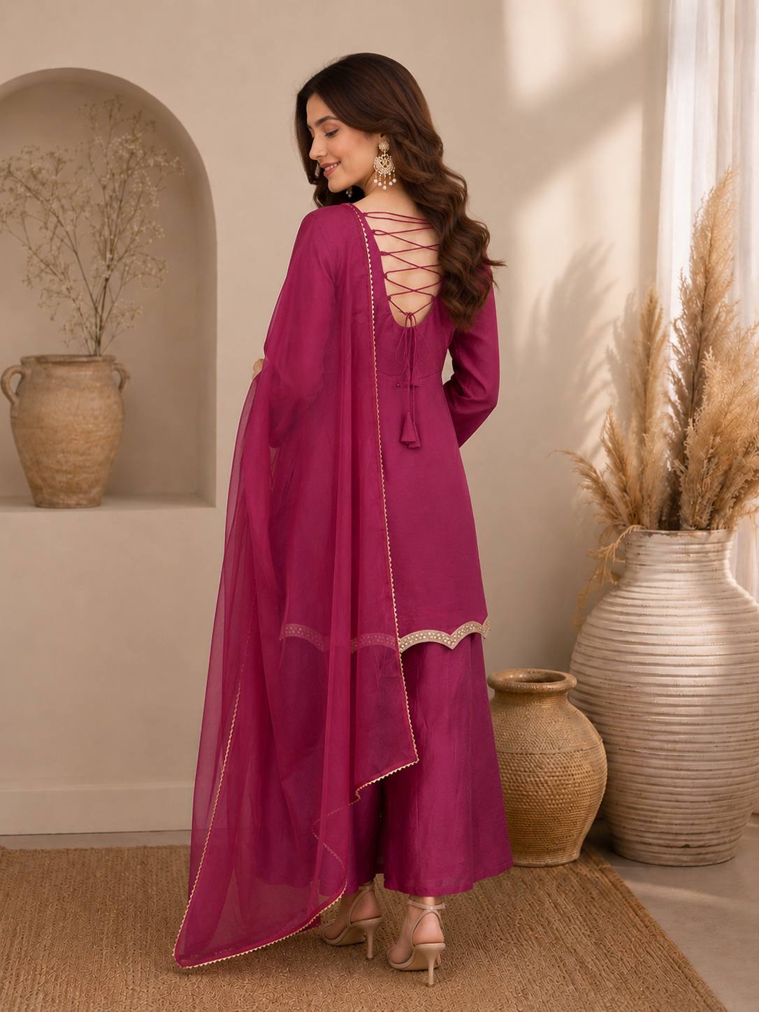 Apolyte Women's Zazu Silk Embroidered Indo-Western Kurta Palazzo Set with Organza Dupatta | Festive & Party Wear