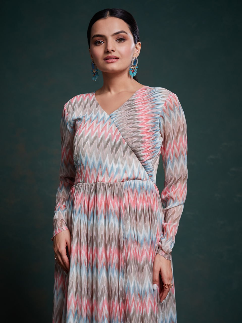 Pastel Chevron Empire Waist Fit and Flare Maxi Dress