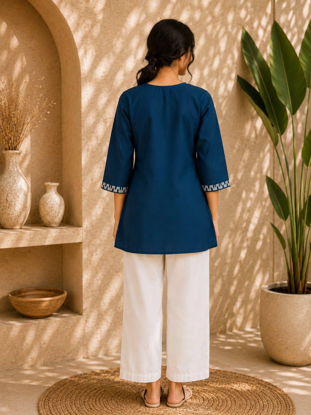 Navy Blue Embroidered Dhabu Cotton Kurti Set for Women