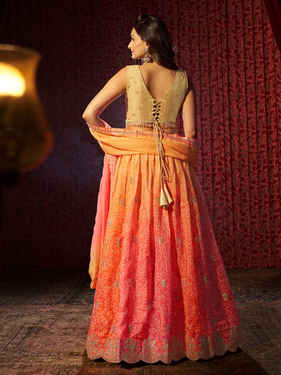 Orange Embroidered Organza Lehenga Choli Set with Pink Dupatta