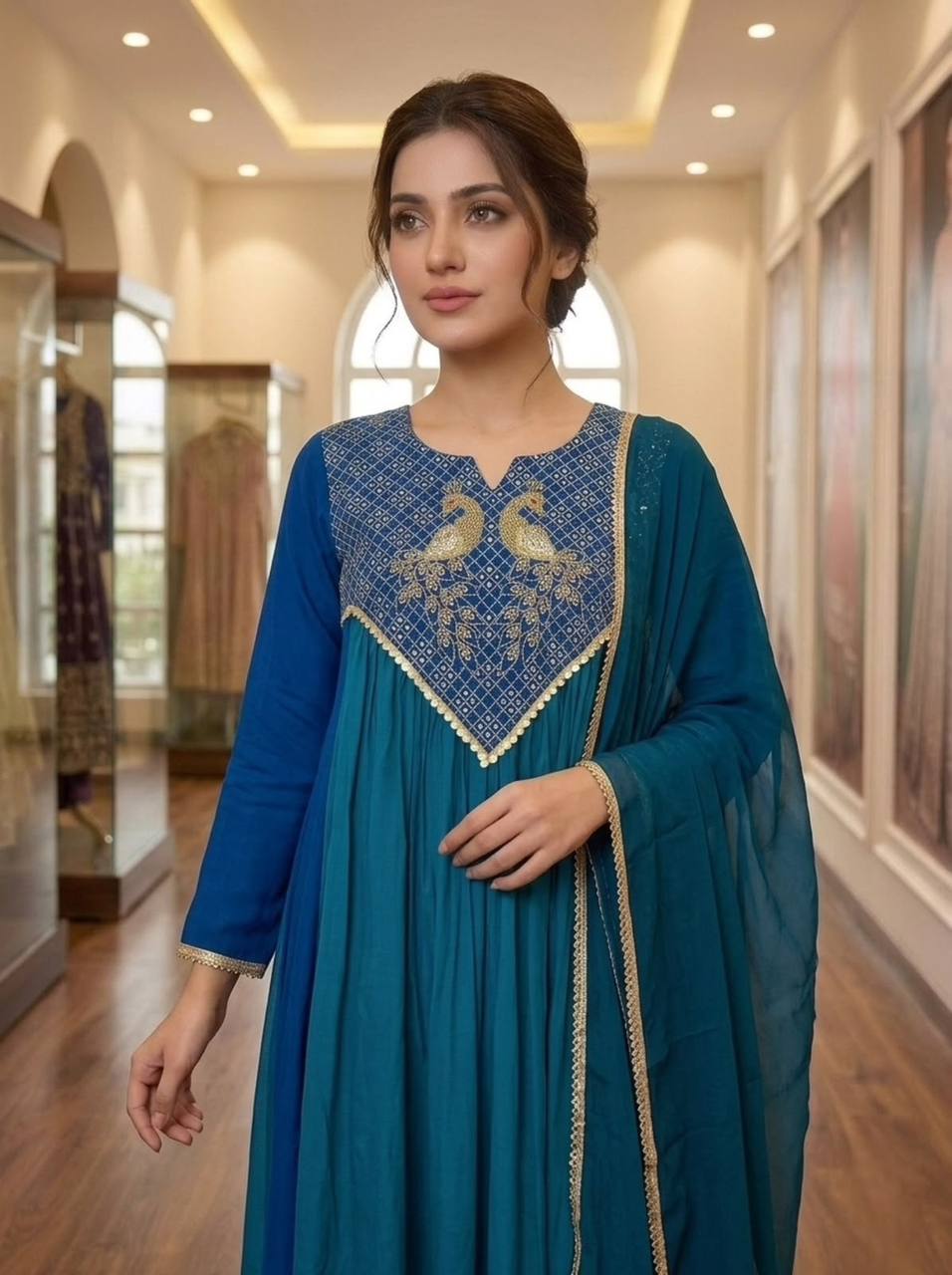 Teal Blue Embroidered Mul Chanderi Anarkali Kurta Set