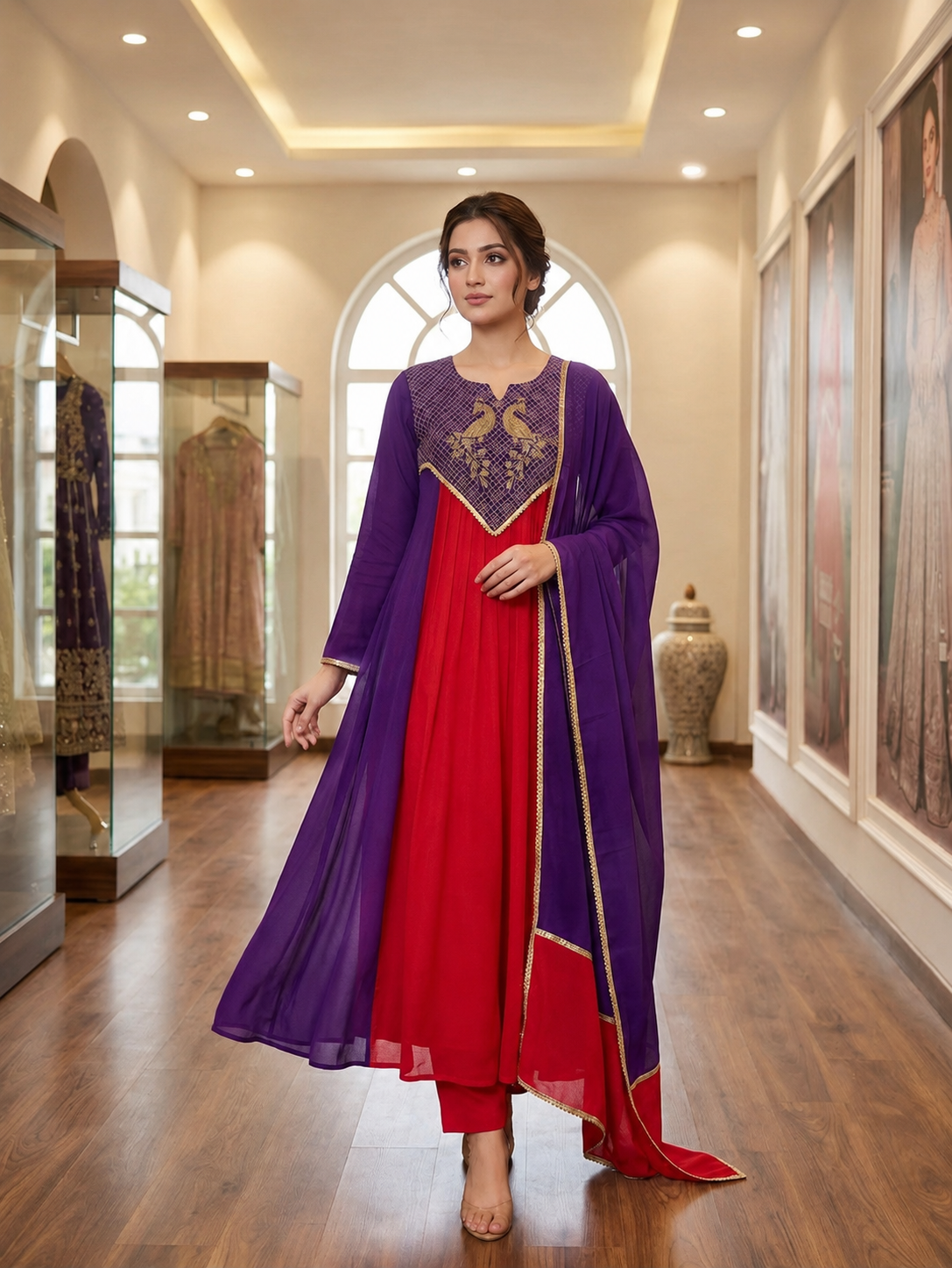 Purple & Red Embroidered Mul Chanderi Anarkali Kurta Set