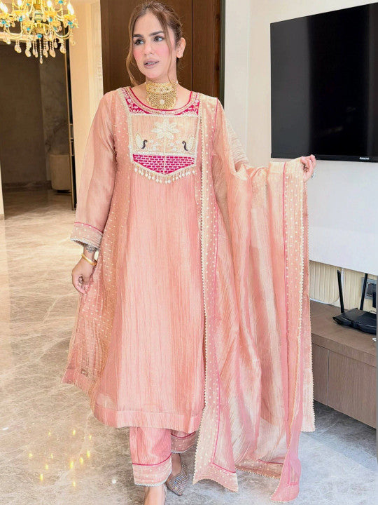 Women’s Dusty Peach Floral Embroidered Pure Silk Kurta Set with Trousers & Dupatta
