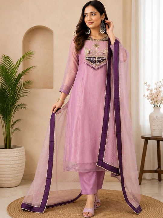 Women’s Pink Embroidered Anarkali Kurta Set with Dupatta