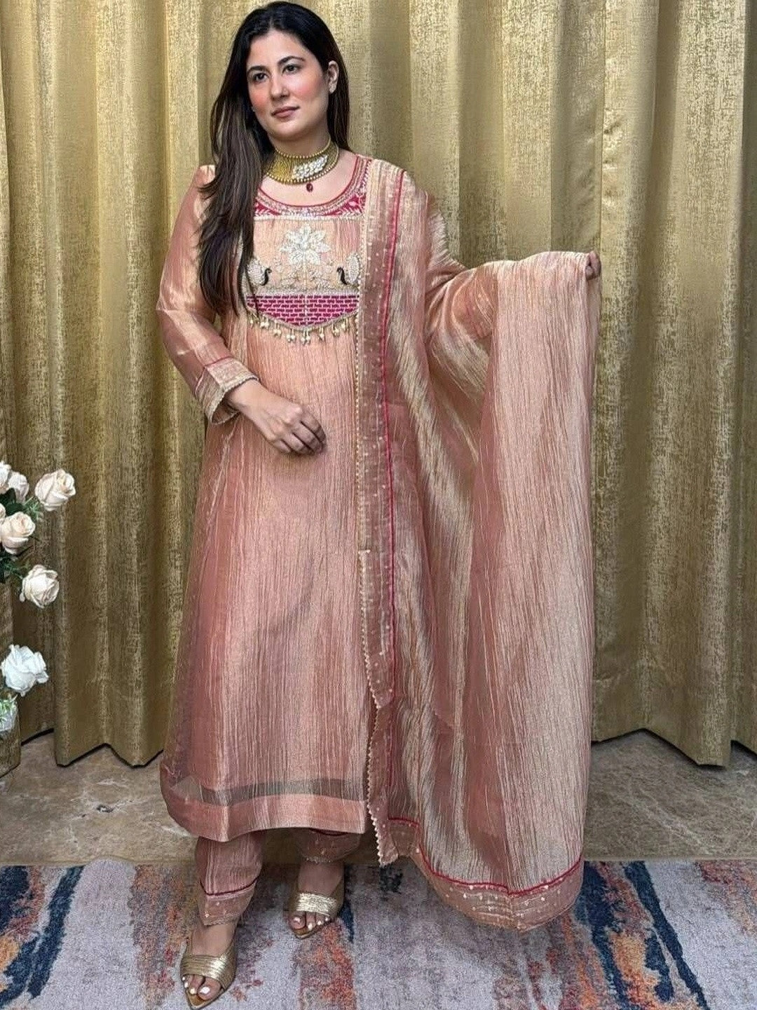 Women’s Dusty Peach Floral Embroidered Pure Silk Kurta Set with Trousers & Dupatta