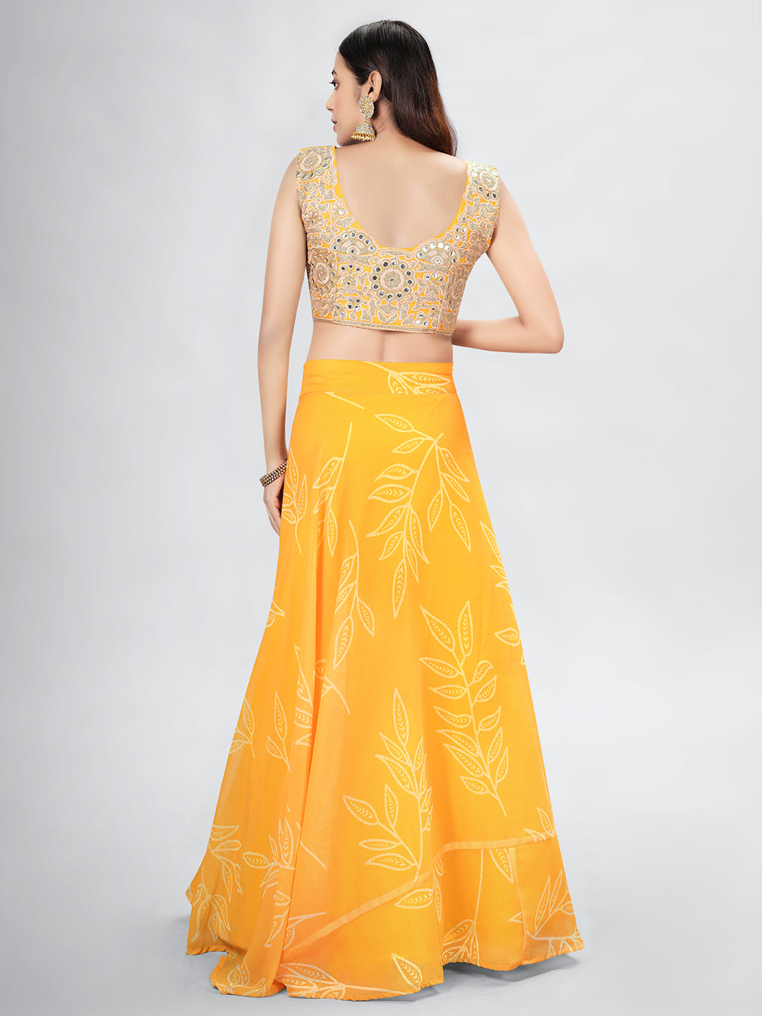Mustard Embroidered Organza Lehenga Choli Set with Printed Jacket