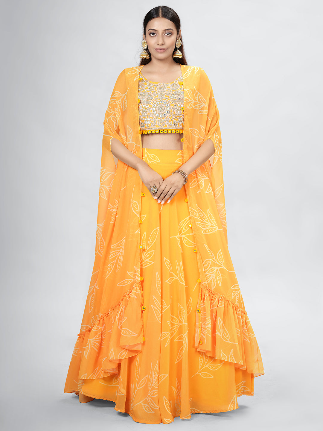 Mustard Embroidered Organza Lehenga Choli Set with Printed Jacket
