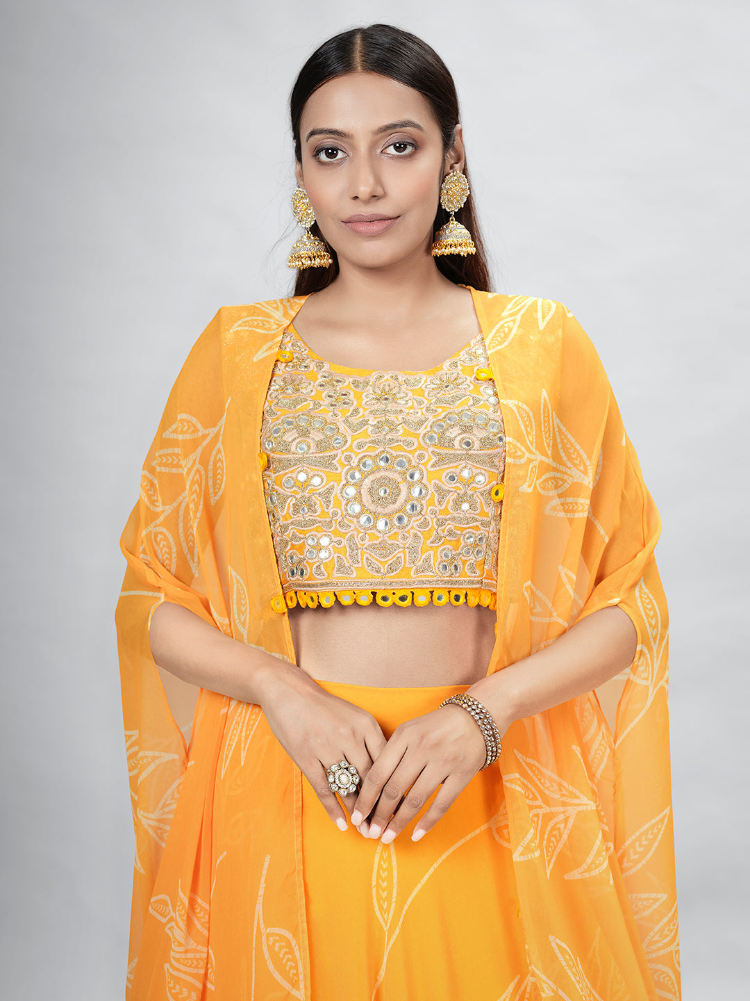 Mustard Embroidered Organza Lehenga Choli Set with Printed Jacket