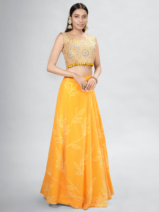 Mustard Embroidered Organza Lehenga Choli Set with Printed Jacket