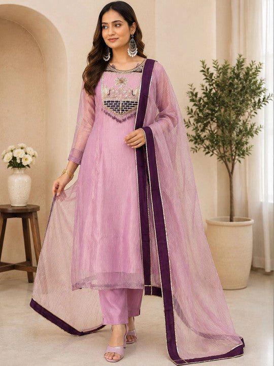 Women’s Pink Embroidered Anarkali Kurta Set with Dupatta