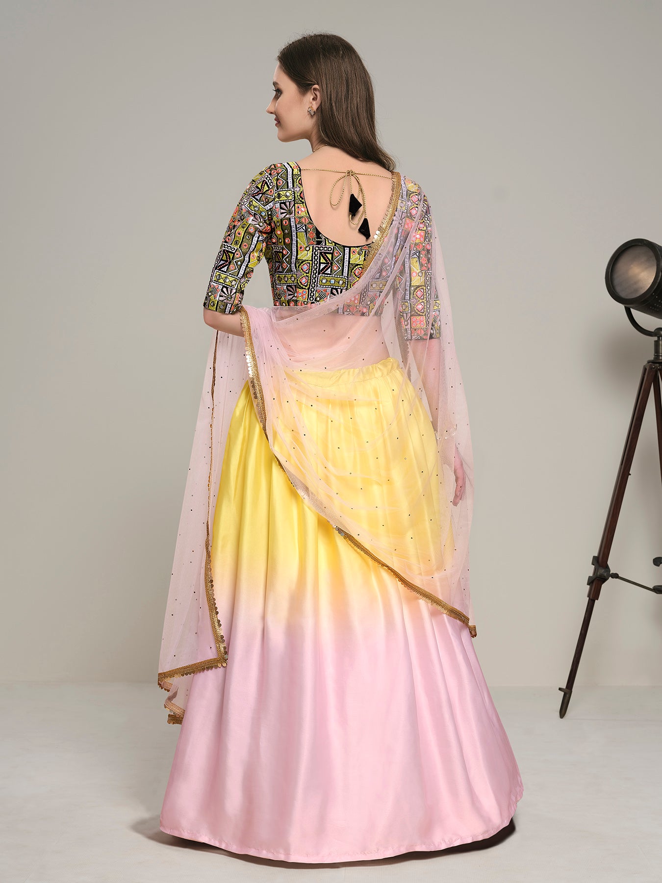Pink Embroidered Satin and Velvet Lehenga Choli Set with Dupatta