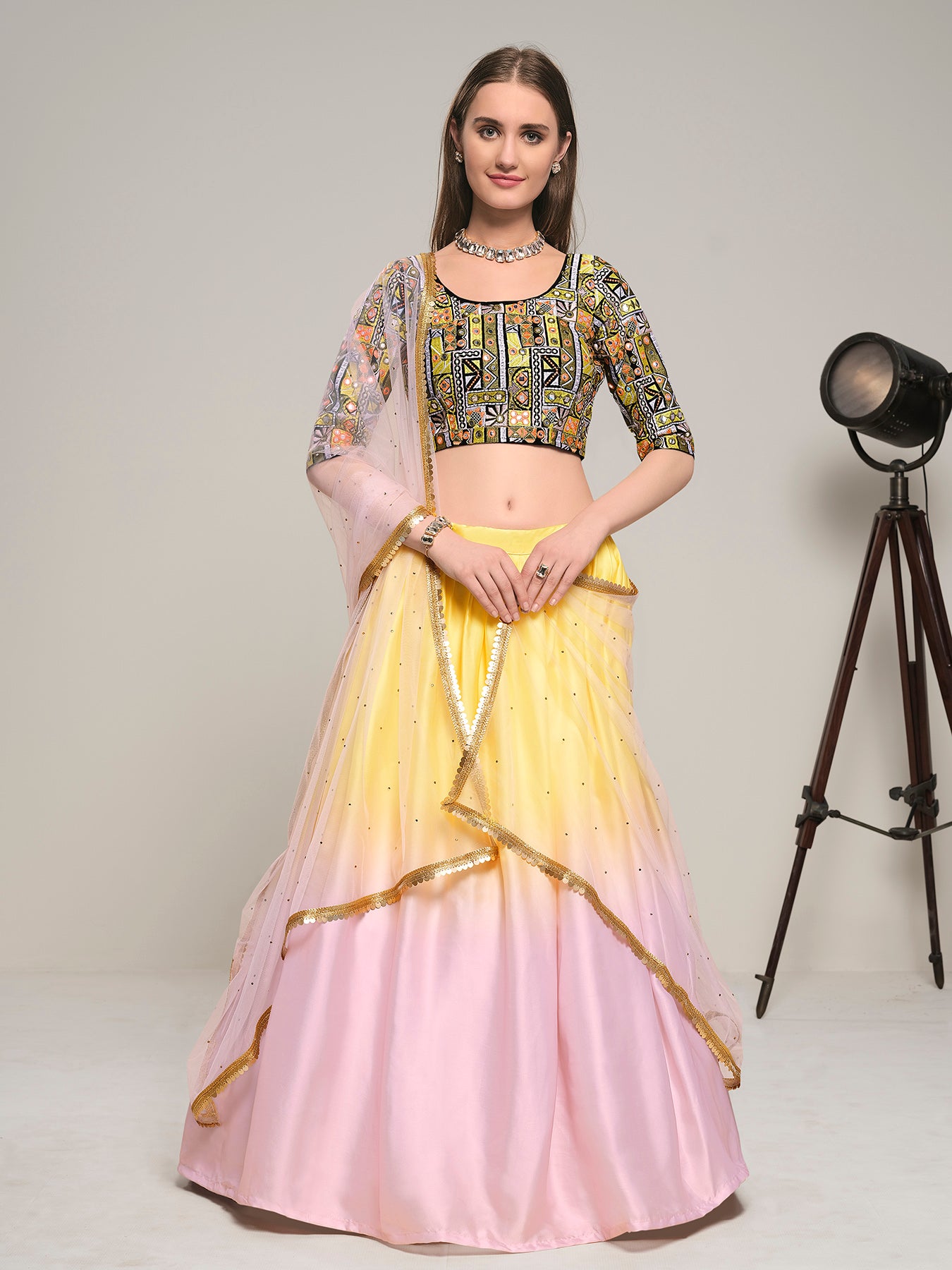 Pink Embroidered Satin and Velvet Lehenga Choli Set with Dupatta