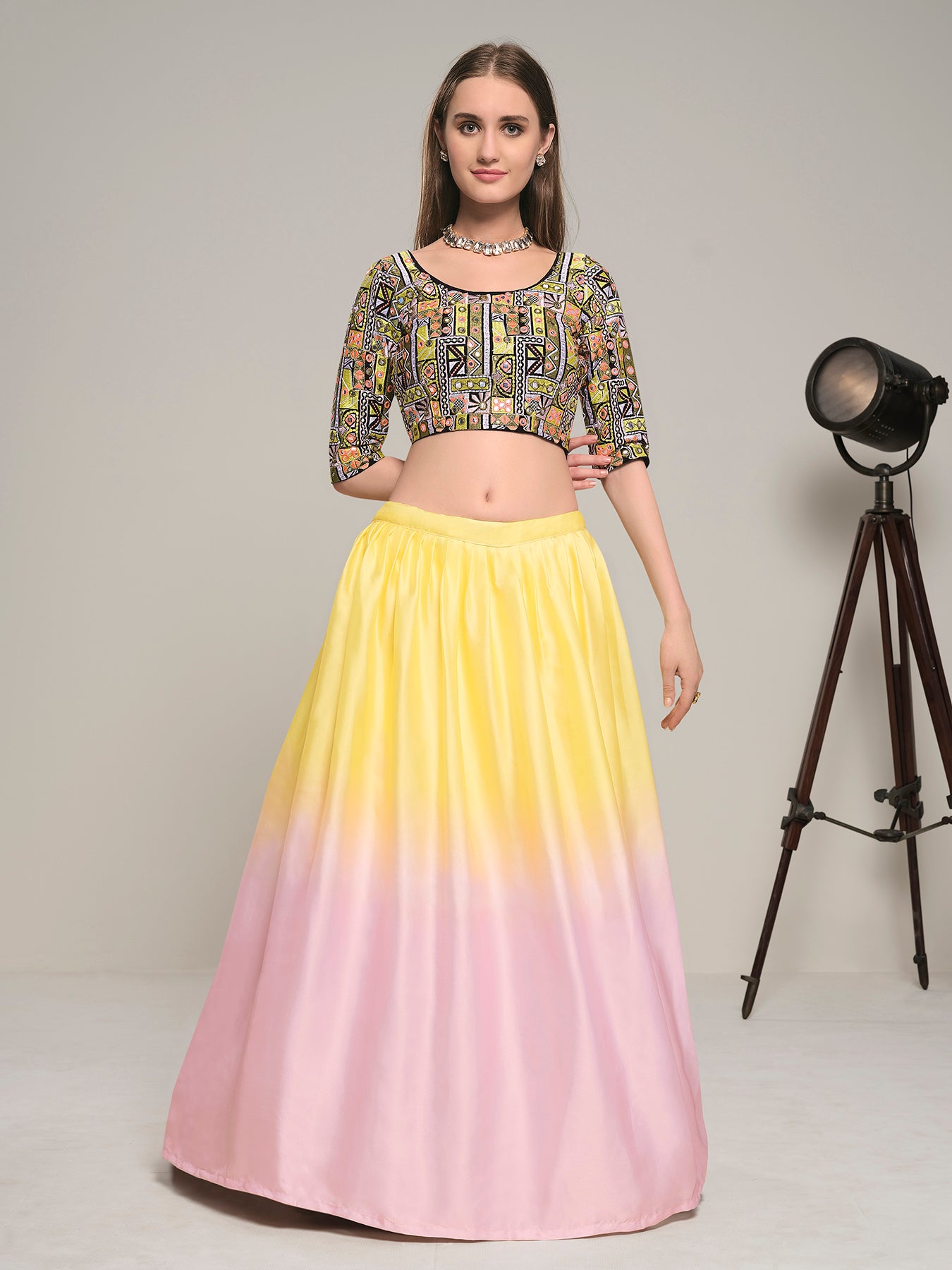 Pink Embroidered Satin and Velvet Lehenga Choli Set with Dupatta