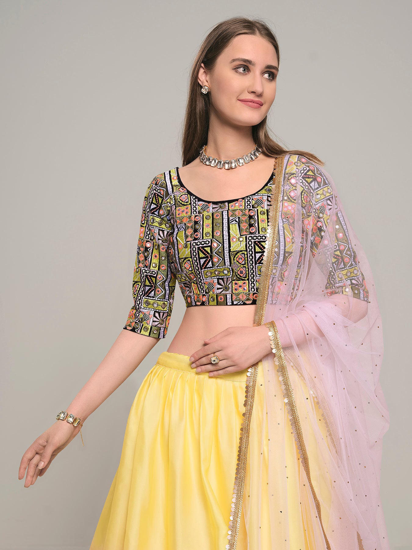 Pink Embroidered Satin and Velvet Lehenga Choli Set with Dupatta