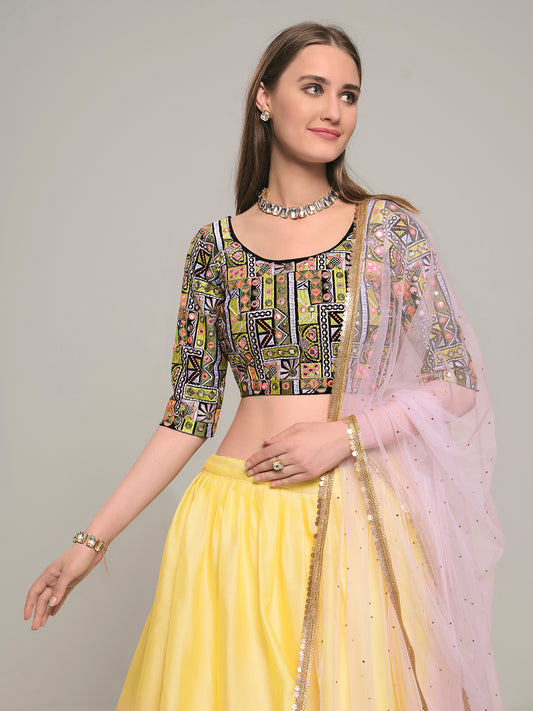 Pink Embroidered Satin and Velvet Lehenga Choli Set with Dupatta