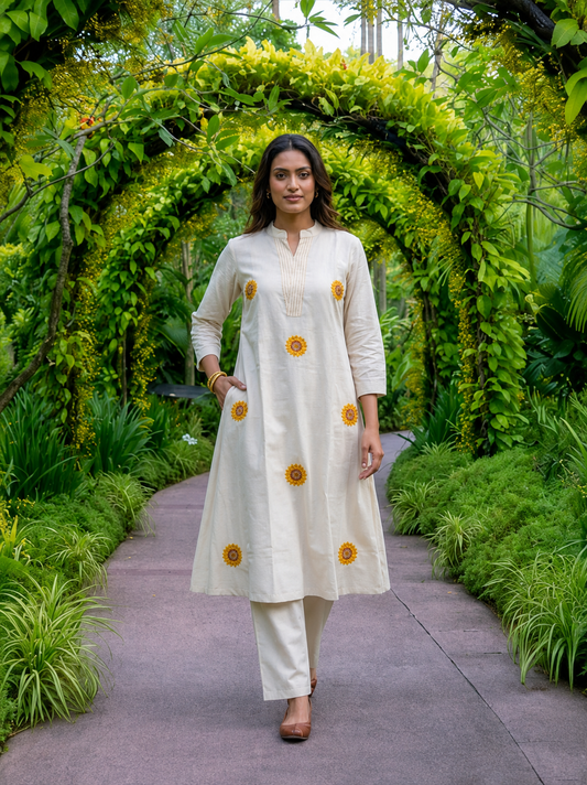 APOLYTE Women's 100% Natural Cotton Embroidered Co-ord Set with Palazzo | A-Line Kurti
