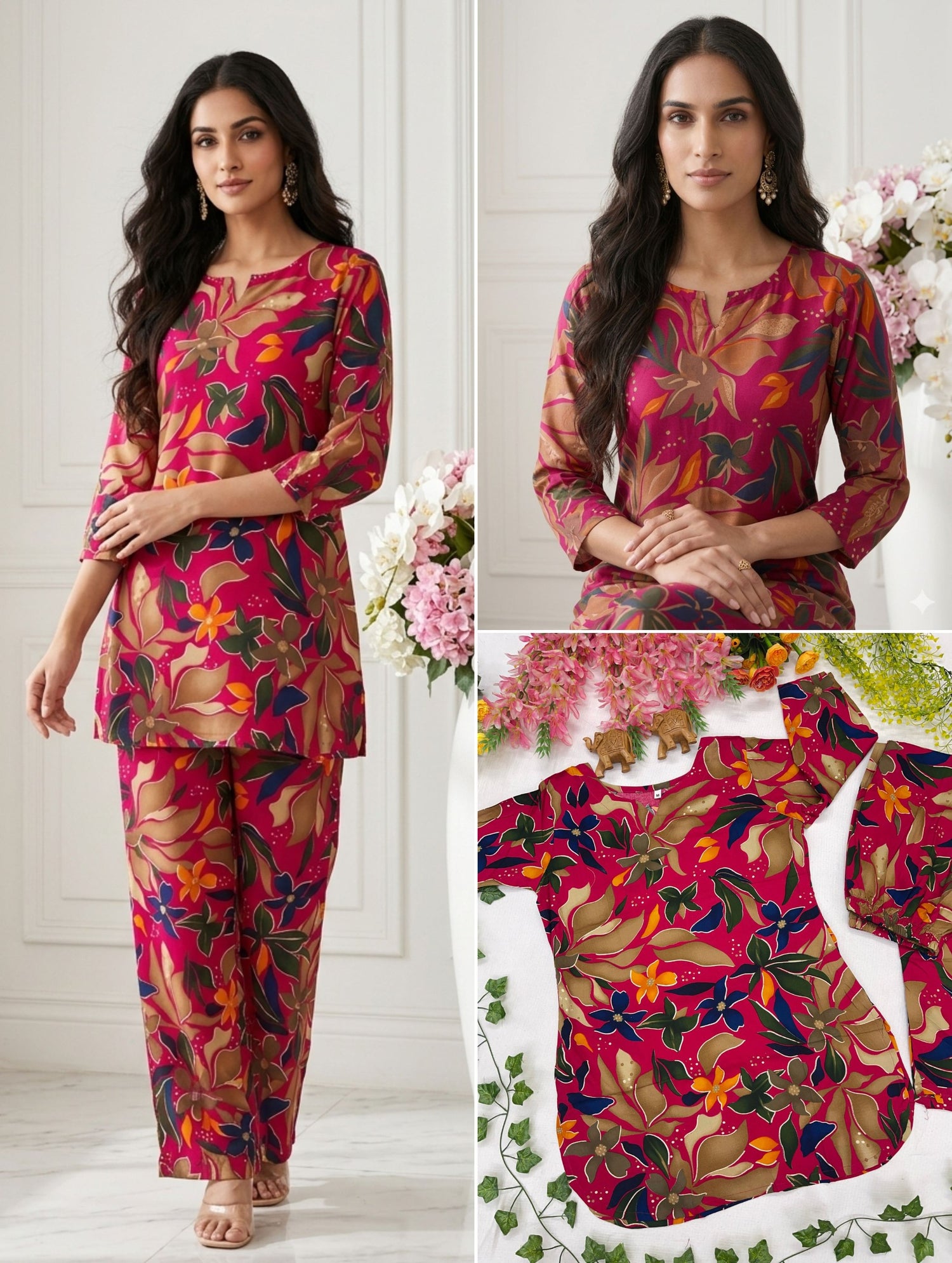 Apolyte Women's Printed Foil Work Rayon Cotton Co-Ord Set with Top & Palazzo - Pink
