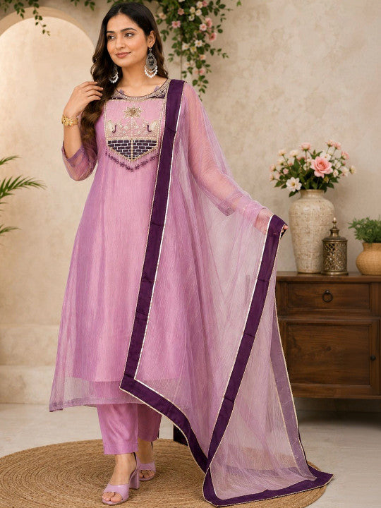 Women’s Pink Embroidered Anarkali Kurta Set with Dupatta