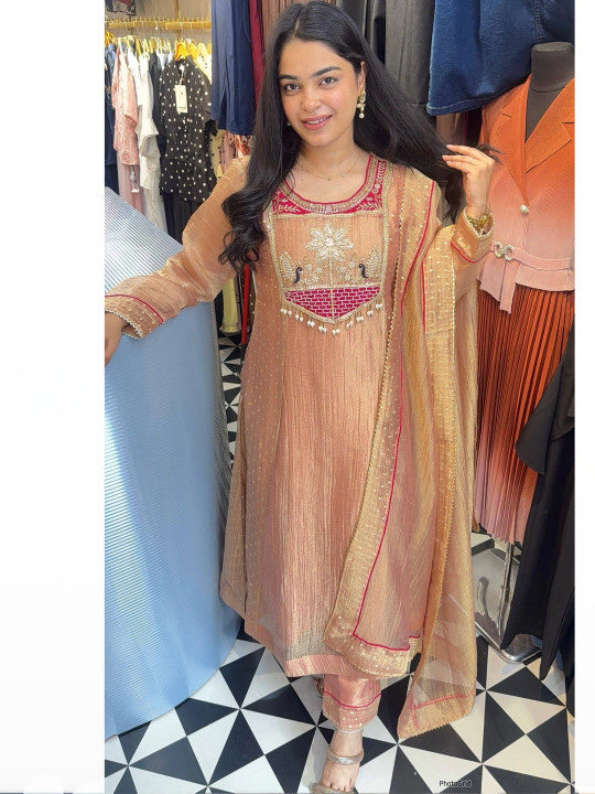 Women’s Dusty Peach Floral Embroidered Pure Silk Kurta Set with Trousers & Dupatta
