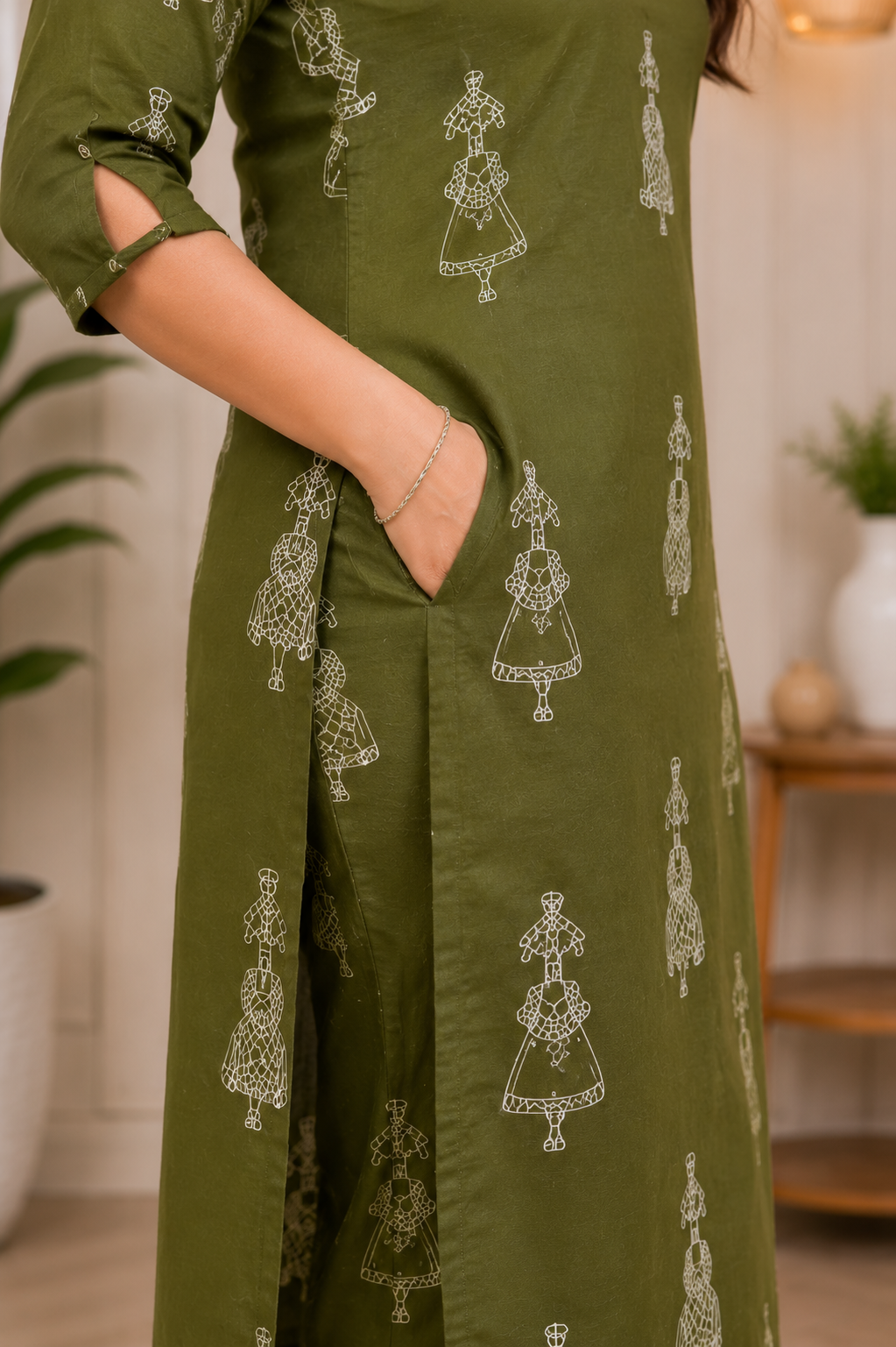 Women's Olive Green Printed Cotton Mix Kurta Pant Set