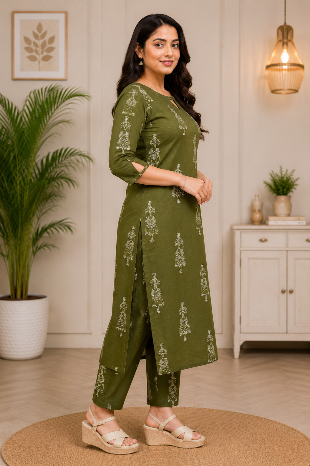 Women's Olive Green Printed Cotton Mix Kurta Pant Set